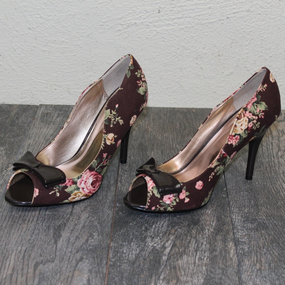 Qupid Ladies Brown Floral HIgh Heel Shoes - Picture 1 of 5